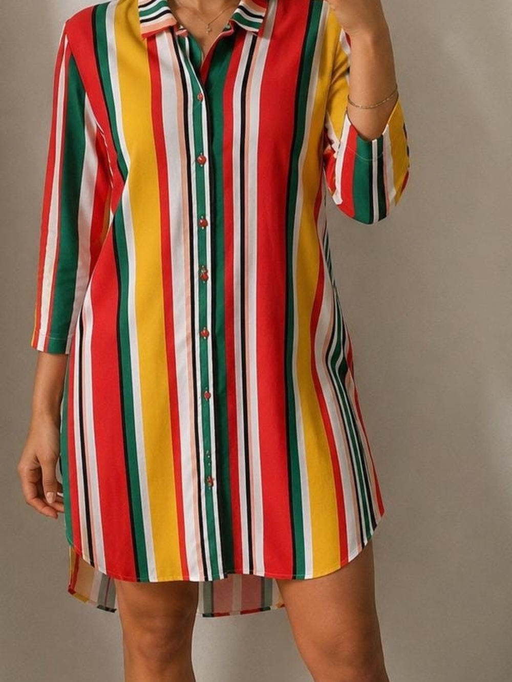 Striped Button-Front Long Sleeve Dress in Red, Yellow & Green